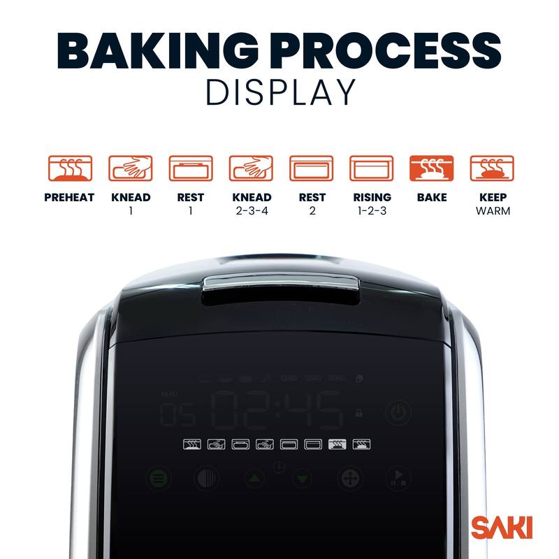 Saki Bread Maker with Non-stick Ceramic Bread Pan, Stainless Steel, 12-in-1 Programmable - 3lb