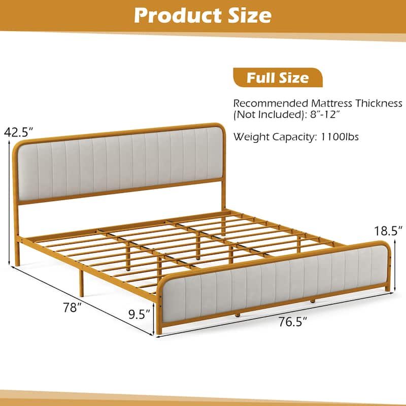 Costway Full Gold Metal Bed Frame Upholstered Platform Bed with Velvet