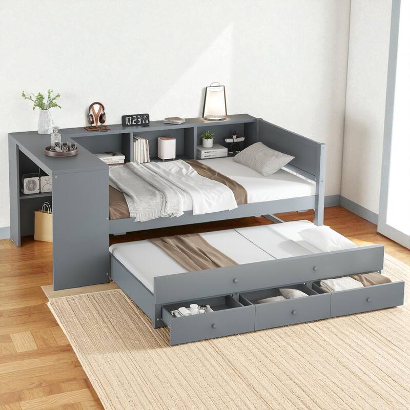 Twin/Full Size Wood Daybed with Trundle, Storage Drawers, Shelves and Built-in Desk, No Box Spring Needed