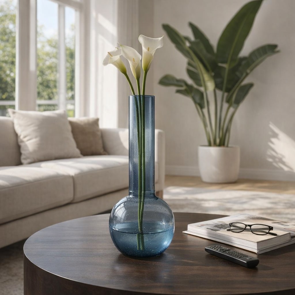 Decorative Vase - Blue Glass Cylinder with Bulb Base, 19 in.