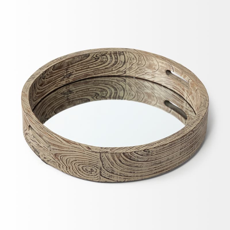 Whittier Brown Wood With Mirrored Base Round Tray - 20" x 20"