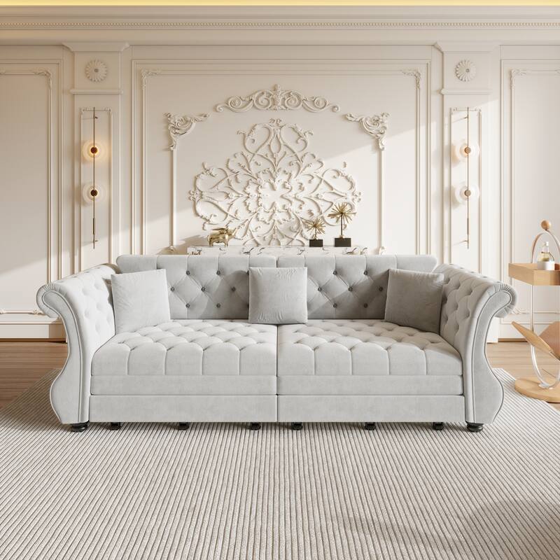 97.6" Oversized Chesterfield Pull-Out Sofa Bed, Velvet Upholstered Sleeper Couch with Roll Arms & Tufting