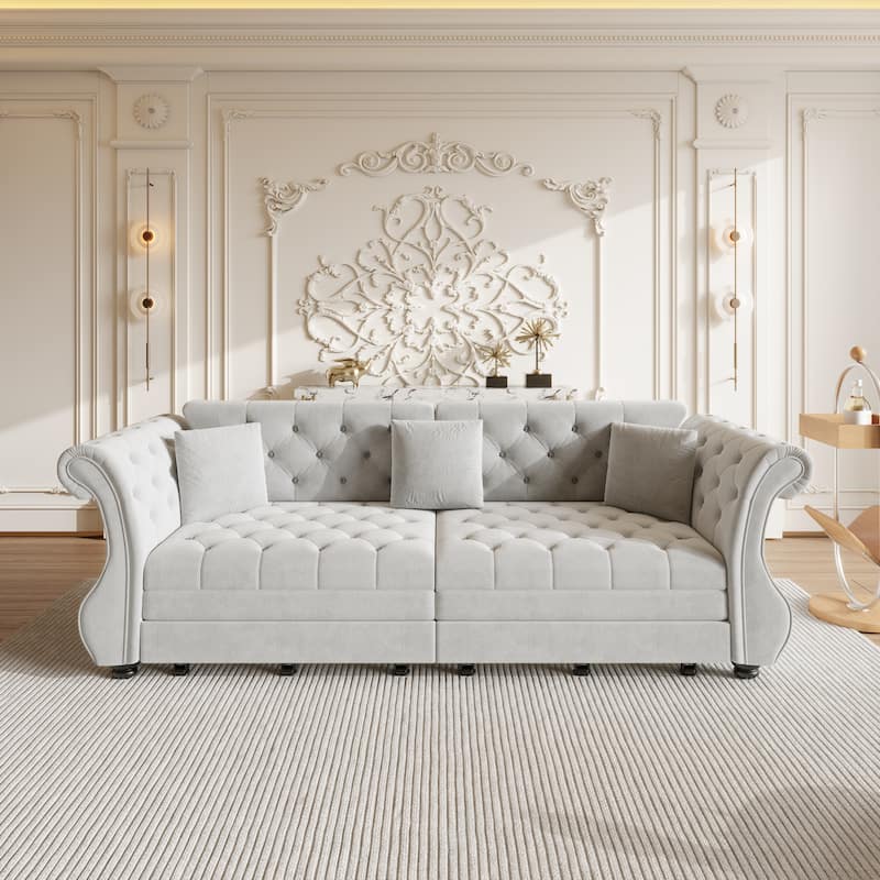 Chesterfield Pull Out Sofa Bed, Oversized 3-Seater/4-Seater Velvet Couch with Flared Arms, Convertible Sleeper Sofa