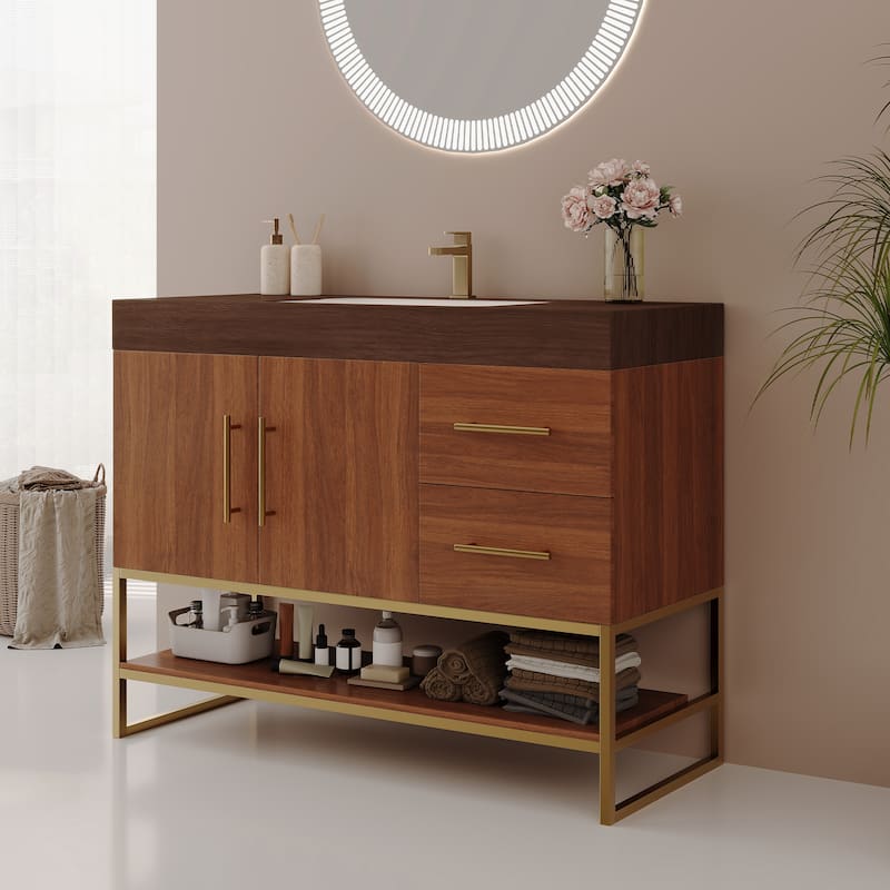 36" Modern Bathroom Vanity with Seamless Ceramic Sink & Gold Accent Free Standing Cabinet