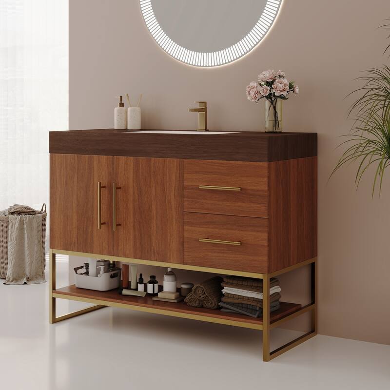 GDFStudio - Luxury 36" Freestanding Sintered Stone Bathroom Vanity with Seamless Ceramic Sink, Open Storage & Soft-Close Drawers