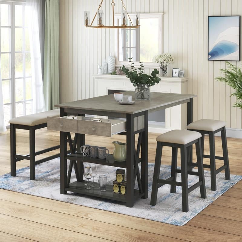 Rustic Wood 4-Piece Dining Table Set with Storage Shelves and Drawer