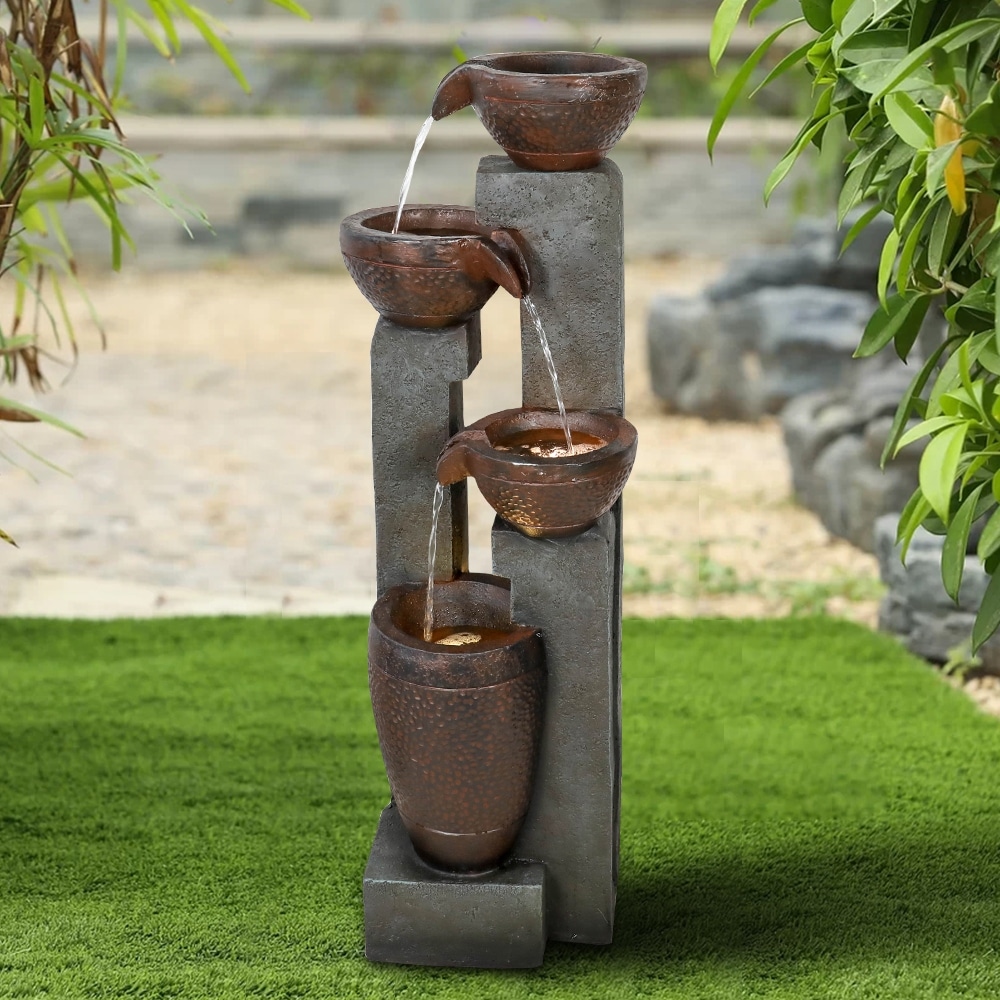 SunJet 40" H 4-Tier Outdoor Resin Water Fountain with LED Lights - 40'' H X 13'' W X 13'' D