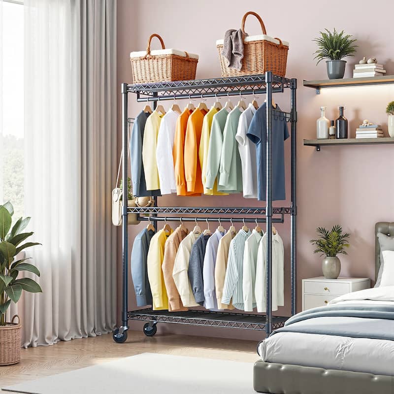 Heavy Duty Rolling Garment Rack 3 Tiers Adjustable Wire Shelving Clothes Rack with 2 Rods and Side Hooks