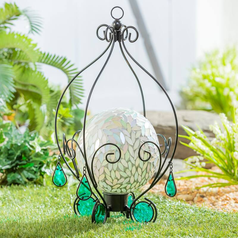 21 in. Metal Gazing Ball Hanging Holder with Blue Glass Tear Drops