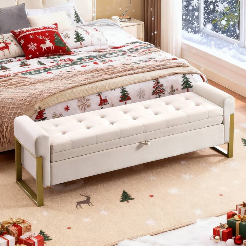 66" Storage Bench for Bedroom End of Bed with Single Lids and Gold Legs
