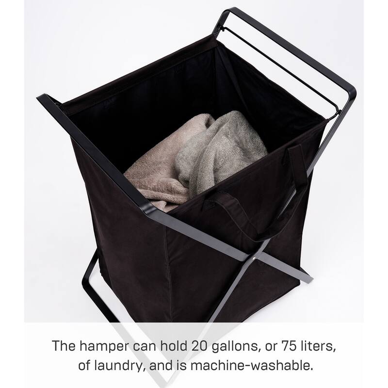 Yamazaki Home Laundry Hamper with Cotton Liner - Two Sizes, Steel and Cotton, Large, 20 gallons, 75 liters, Collapsible