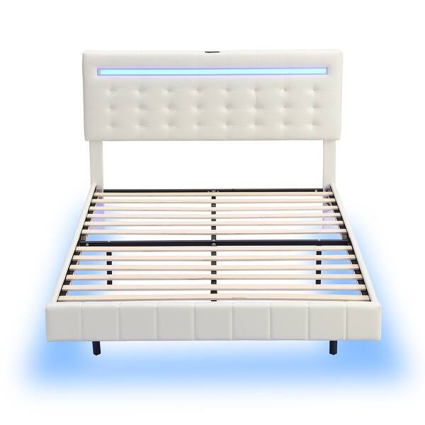 Full Size Bed Frame With Charging Station And RGB LED Lights Sturdy Platform Upholstered Storage Headboard Solid Metal Slats Noise Free Box Spring Needed Easy