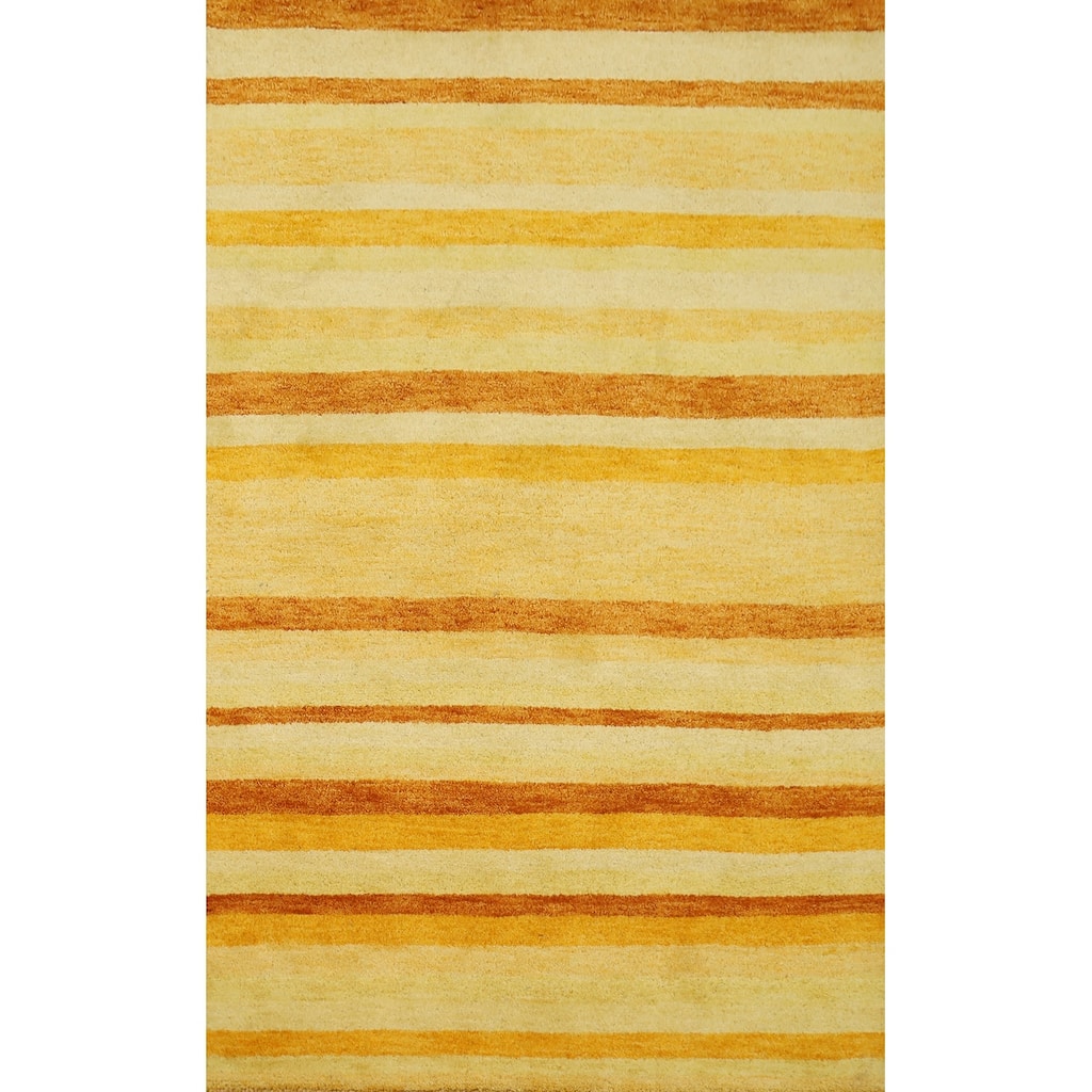 Hand Knotted Oriental 100% Wool Carpet Modern Stripe Yellow & Gold Gabbeh Area Rug - 5' 9'' X 3' 10''
