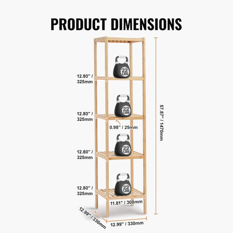 Freestanding 5-Tier Wicker Shelf, Narrow Storage Unit for Bathroom, Home or Kitchen - 12.99" x 12.99" x 57.87"