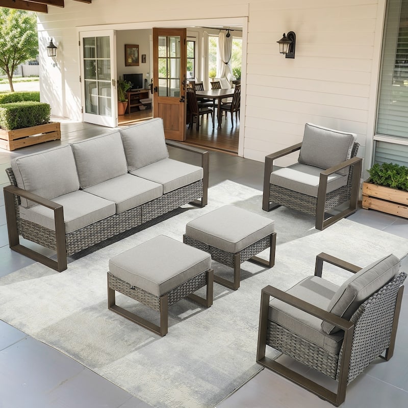 Outdoor Patio Chair with Thick Cushion - Grey Wicker Grey Cushion - 5PCS Sofa Club Chair Ottoman