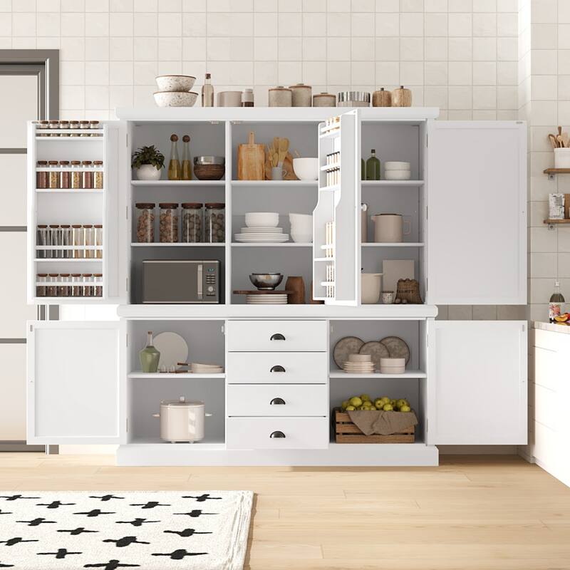 Roomfitters Kitchen Pantry Organizers and Storage Kitchen Cabinet, Hutch with Microwave Stand, 4 Drawers, Spice Racks - White