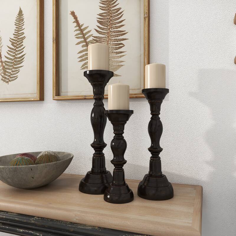 Black Mango Wood Farmhouse Candle Holder (Set of 3) - S/3 18", 15", 12"H