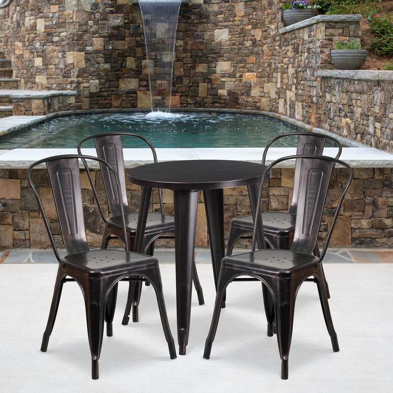 24'' Round Metal Indoor-Outdoor Table Set with 4 Cafe Chairs