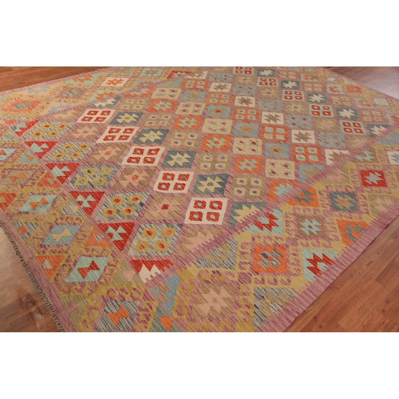 Geometric Kilim Area Rug Hand-Woven Wool Carpet - 8'5"x 11'1"