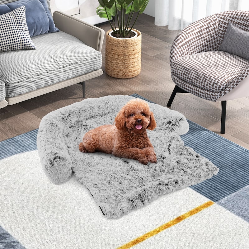 White-Grey Plush Calming Dog Couch Bed with Anti-Slip Bottom