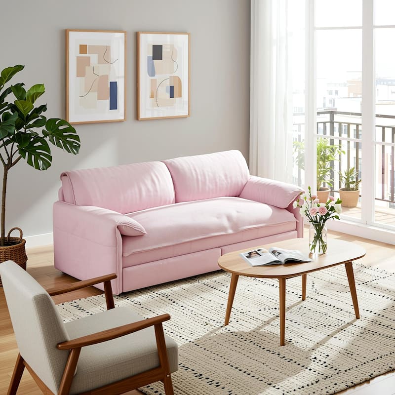 Homy Casa 66" Queen Pull-Out Sofa Bed with Storage, Velvet Loveseat - Pink