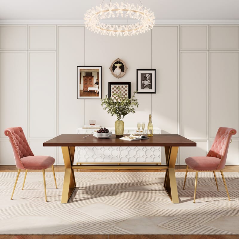 Clihome Walnut Wood Dining Table with Stainless Steel Base(only table)