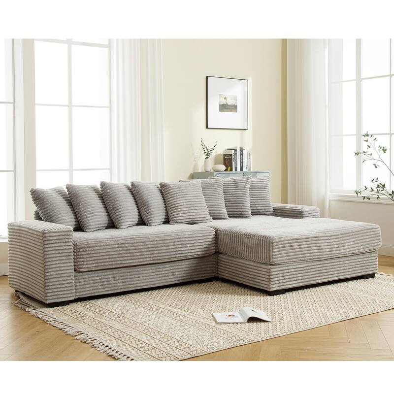 111" Corduroy Upholstered L-Shaped Sectional Sofa with Oversized Chaise Longue and 8 Throw Pillows - Gray - Right Facing