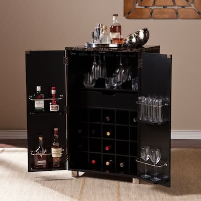 SEI Furniture Cornelia Black Wine Bar Cabinet with Faux Marble Top