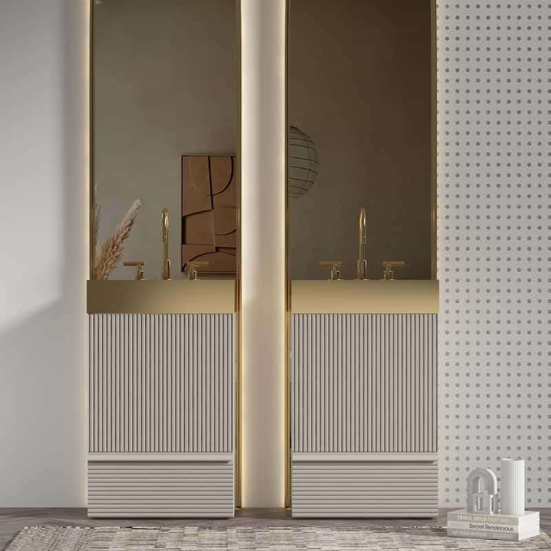 20" Striped Bathroom Vanity with Integrated Brushed Gold Stainless Steel Bathroom Sink, One-Piece Metal Basin without Faucet
