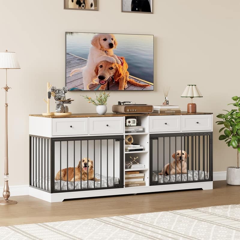 Wooden Dog Cage Crate Furniture TV Stand Large Dog Kennel with 4 Drawers and Shelves for 2 dogs