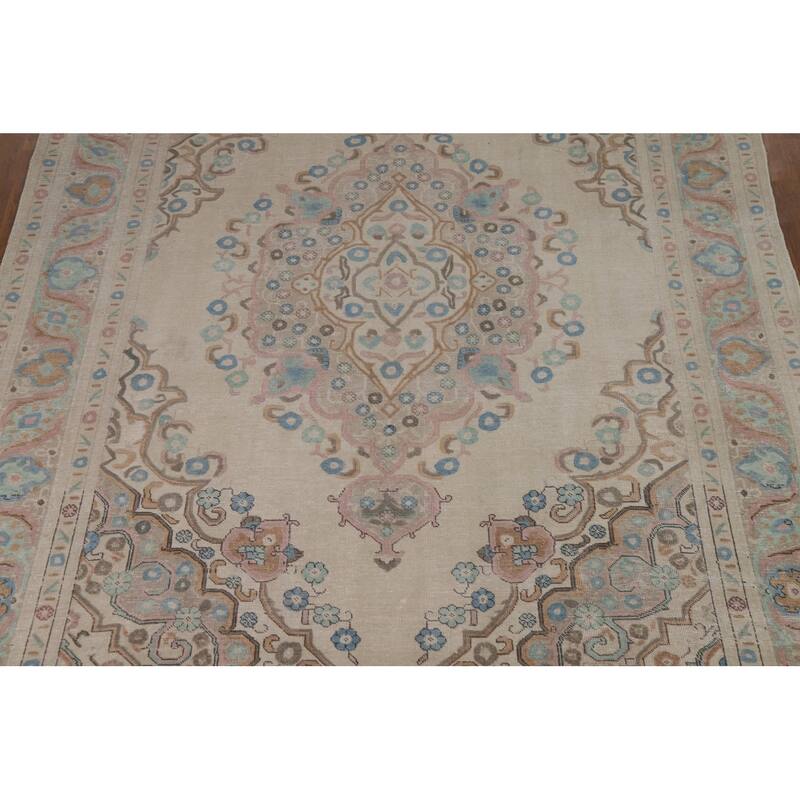 Beige / Ivory Medallion Tabriz Persian Rug Hand-Knotted Wool Carpet - 8'0"x 11'4"