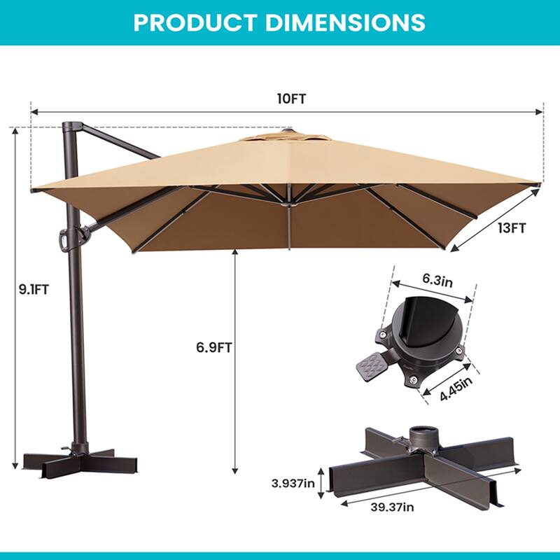10 X 13FT Outdoor Patio Cantilever Umbrella with Rod Base