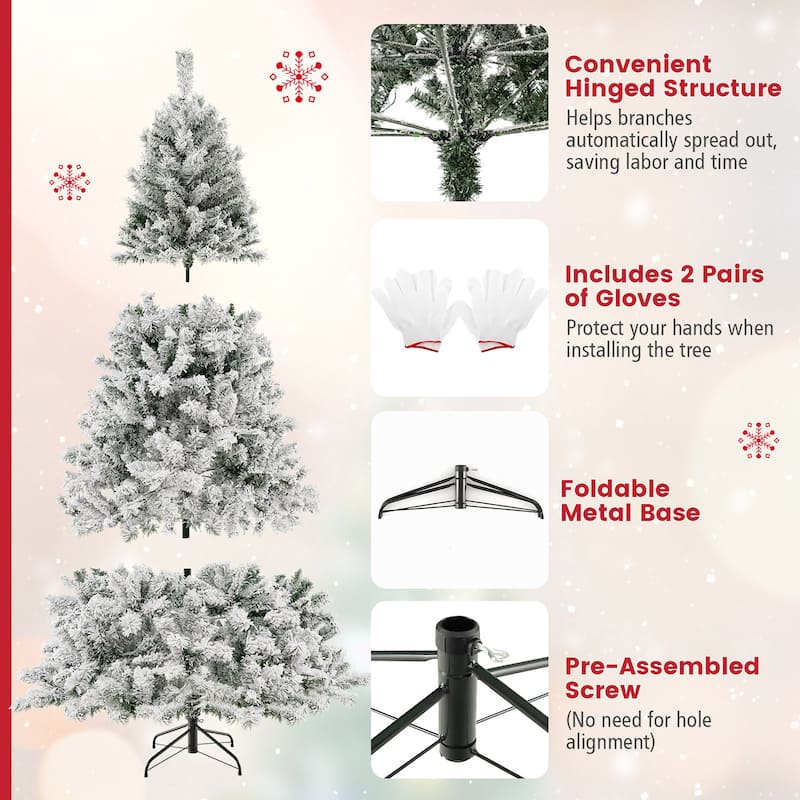 Gymax 6/7/8 FT Pre-Lit Snow-Flocked Xmas Tree 3-Minute-Setup