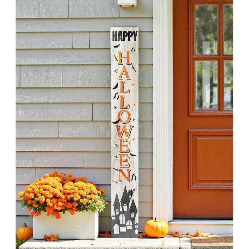 HomeRoots 72" White Black And Orange Halloween Ghost Solid Wood Porch Sign - Orange/White/Black - Wood