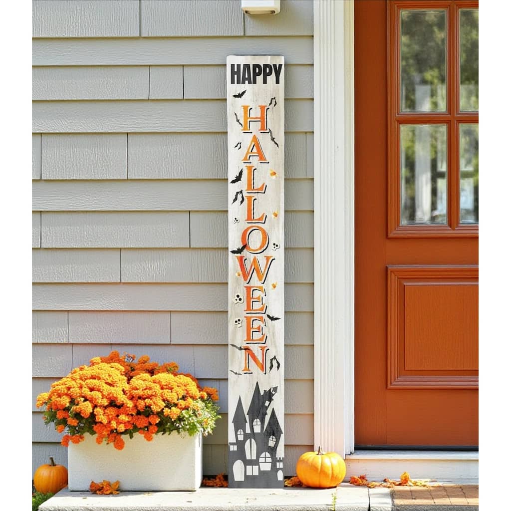 HomeRoots 72" White Black And Orange Halloween Ghost Solid Wood Porch Sign