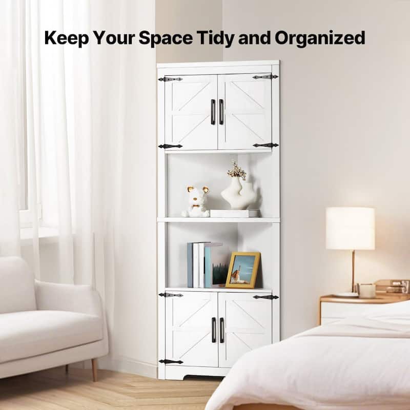 68" White Corner Storage Cabinet with 6 Adjustable Shelves and 4 Wooden Doors - 27"L x 14.2"W x 67.3"H