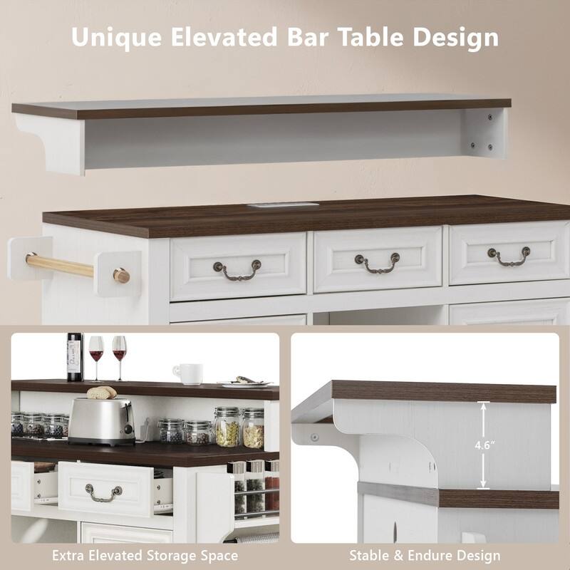 Farmhouse 53.2" Kitchen Island with Power Outlet, Rolling Island Table, Bar Cabinet with Storage 4 Door Shelves and 3 Drawers