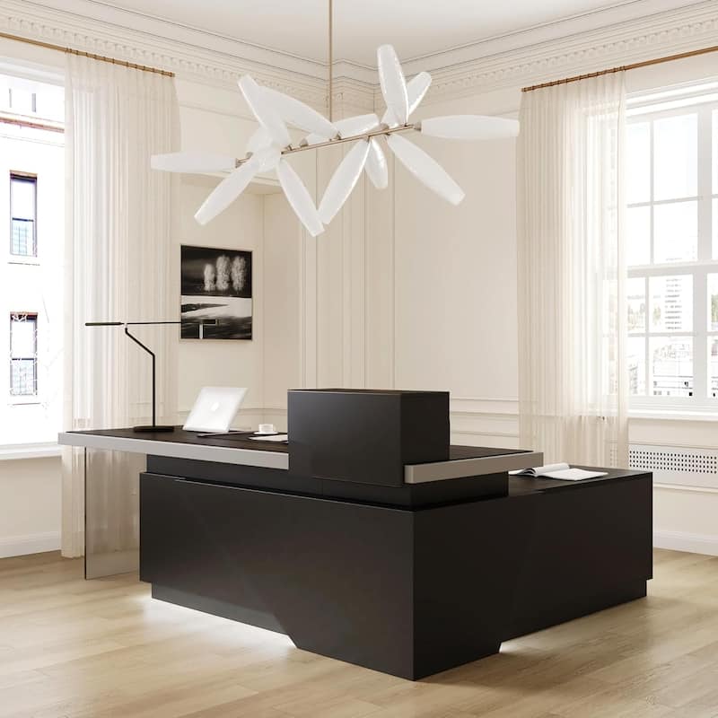 Black L Shaped Office Industrial Executive Desk with Cable Box Socket and LED Light