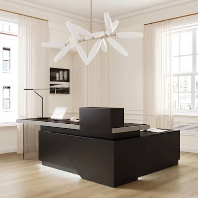 Black L Shaped Office Industrial Executive Desk with Cable Box Socket and LED Light