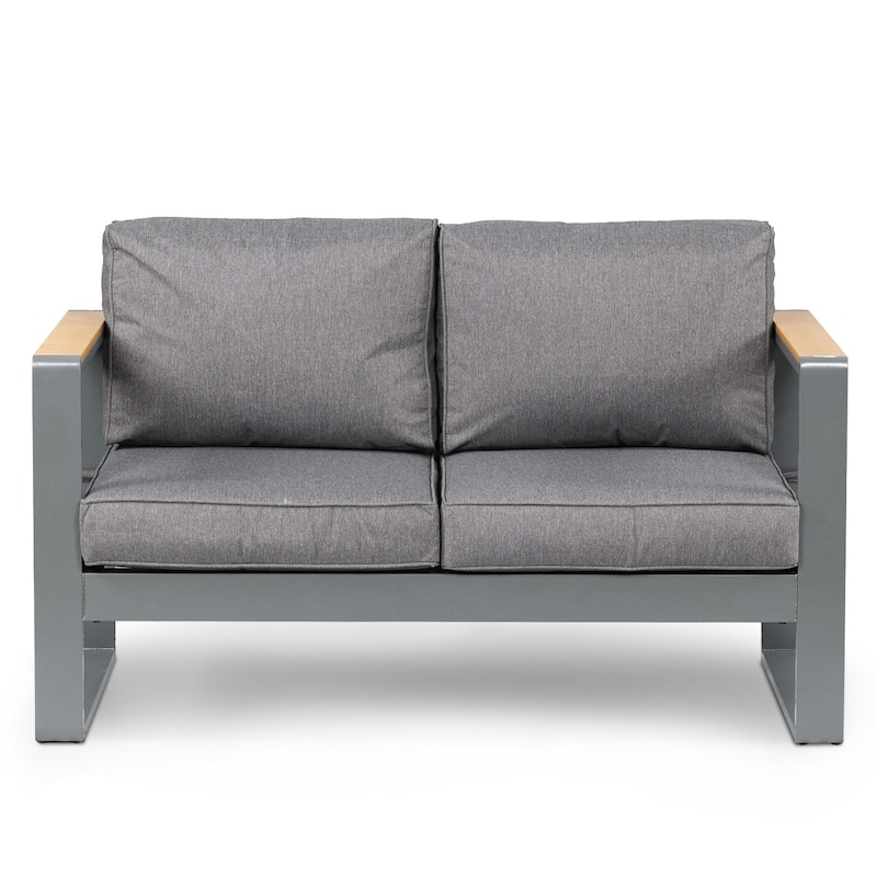 Aoodor Outdoor Aluminum Frame Loveseat with Grey Cushions, 53"W x 26"D x 26"H
