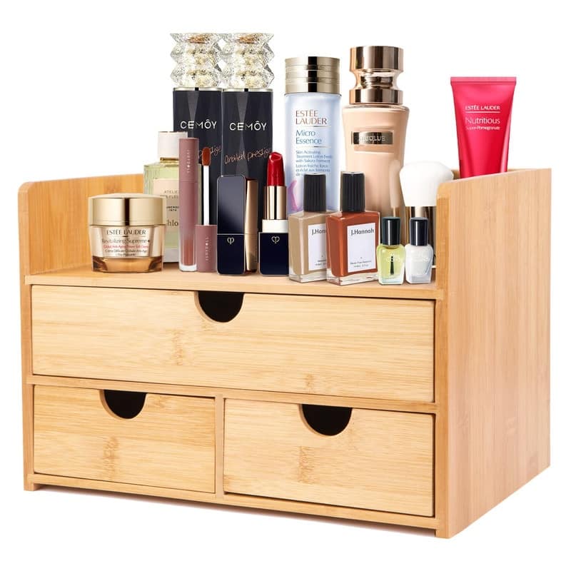 Large Bamboo Makeup Organizer - 6.69"D x 12.2"W x 8.27"H