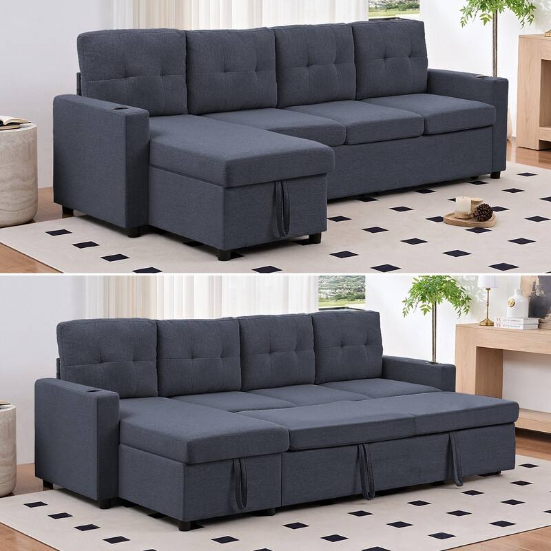 Mixoy 101"Linen 4-Seater Modular Sofa with Storage Chaise,Sleeper Sofa with Pull-out Bed - Dark Grey - 101.38''*52.76''*35.43''