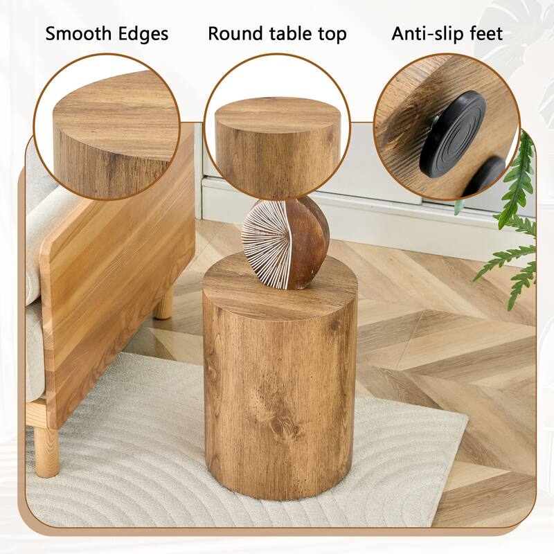 Simple wood grain cylindrical coffee table, 11.8-inch diameter x 15.7 inch height, MDF material living room furniture