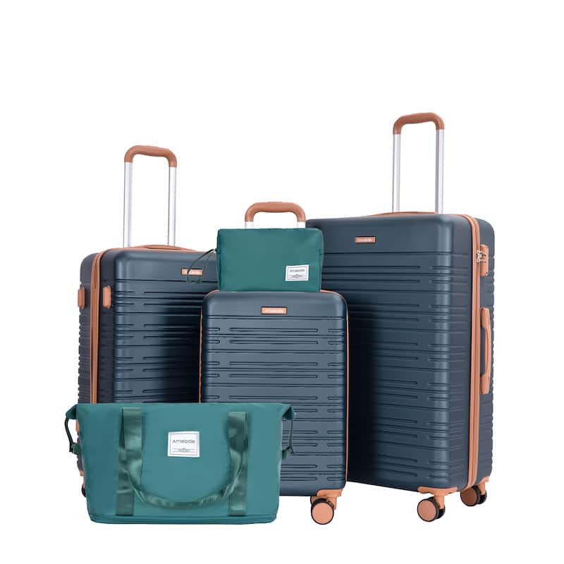 5-Piece, 20, 24, 28-Inch Modern Hard Shell Luggage with TSA Lock and Spinner Wheels, for Boarding Travel, Dark Green - Green