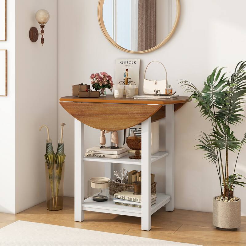 Gymax Folding Round Dining Table Drop Leaf Table w/ 2 Shelves for