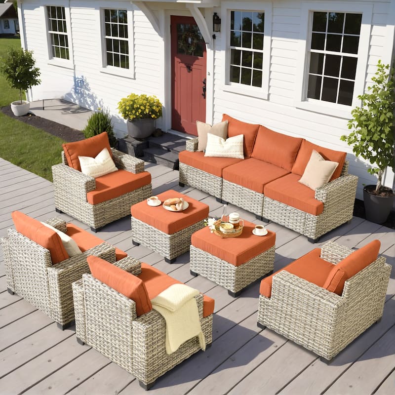 OVIOS 9 Pieces T shaped Seat Wide Armrest Set With Ottoman - Orange/Red