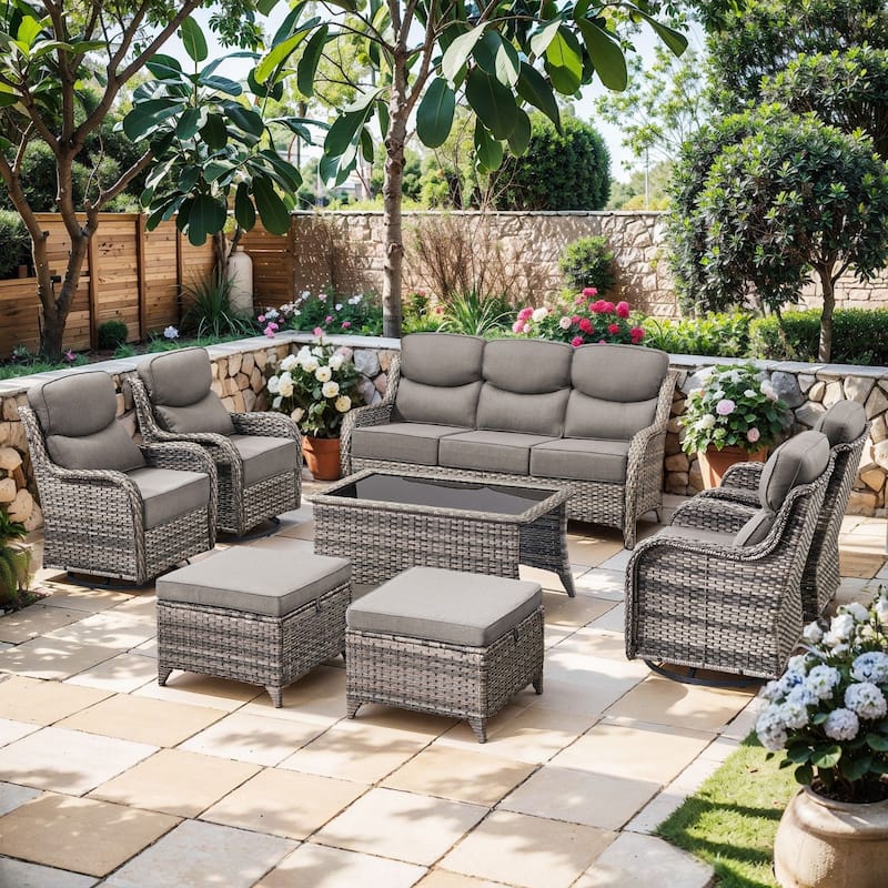 Pocassy Outdoor Patio Furniture Sofa Swivel Chairs Sets - Grey Wicker Grey Cushion - Sofa Swivel Chair with Ottoman Set of 8