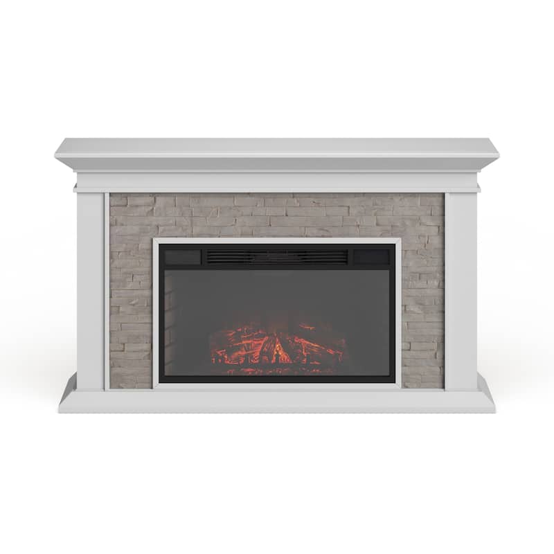 SEI Furniture Horse Mountain 60-inch White Electric Fireplace with Stone Accents and Ivory Mantel