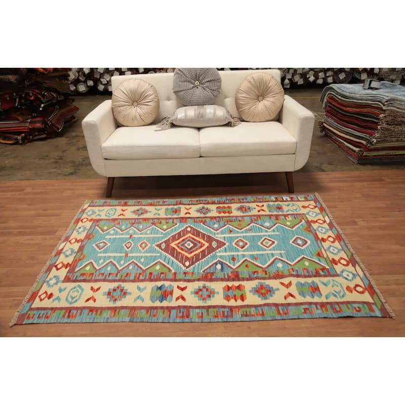 Hand Woven Oriental 100% Wool Carpet Southwestern Tribal Navy Blue & Blues Kilim Area Rug - 5' 9'' X 4' 1''