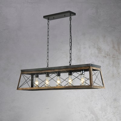 5-Light Black Square/Rectangular Cage Linear Farmhouse Chandelier for Dining Room